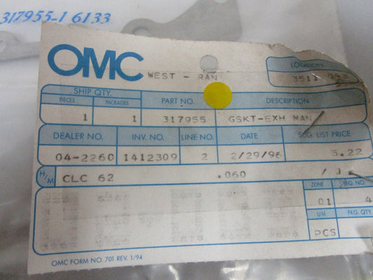 *NEW OEM* 0810 OMC Johnson Evinrude Exhaust Gasket 317955 0317955