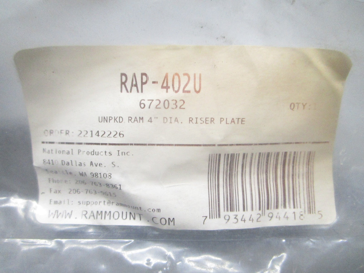 *NEW* 0820 RAM Mounts Riser Plate RAP-402U 672032
