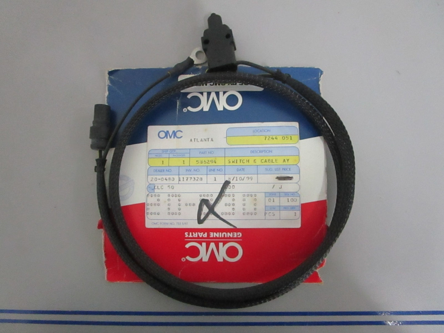 *NEW OEM* 0820 OMC Johnson Evinrude Switch & Cable Ay 586294 0586294