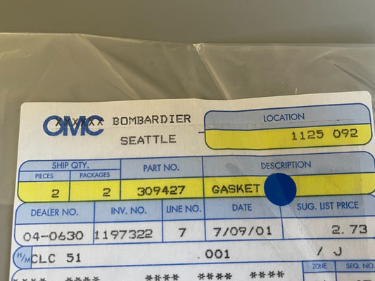 *NEW OEM* (LOT OF 2) 0720 OMC Johnson Evinrude Gasket 309427 0309427