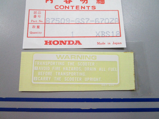 NEW OEM 87509-GS7-670ZA Honda Label 0810