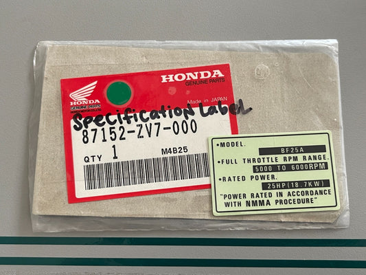 NEW OEM 87152-ZV7-000 Honda Specification Label 0810