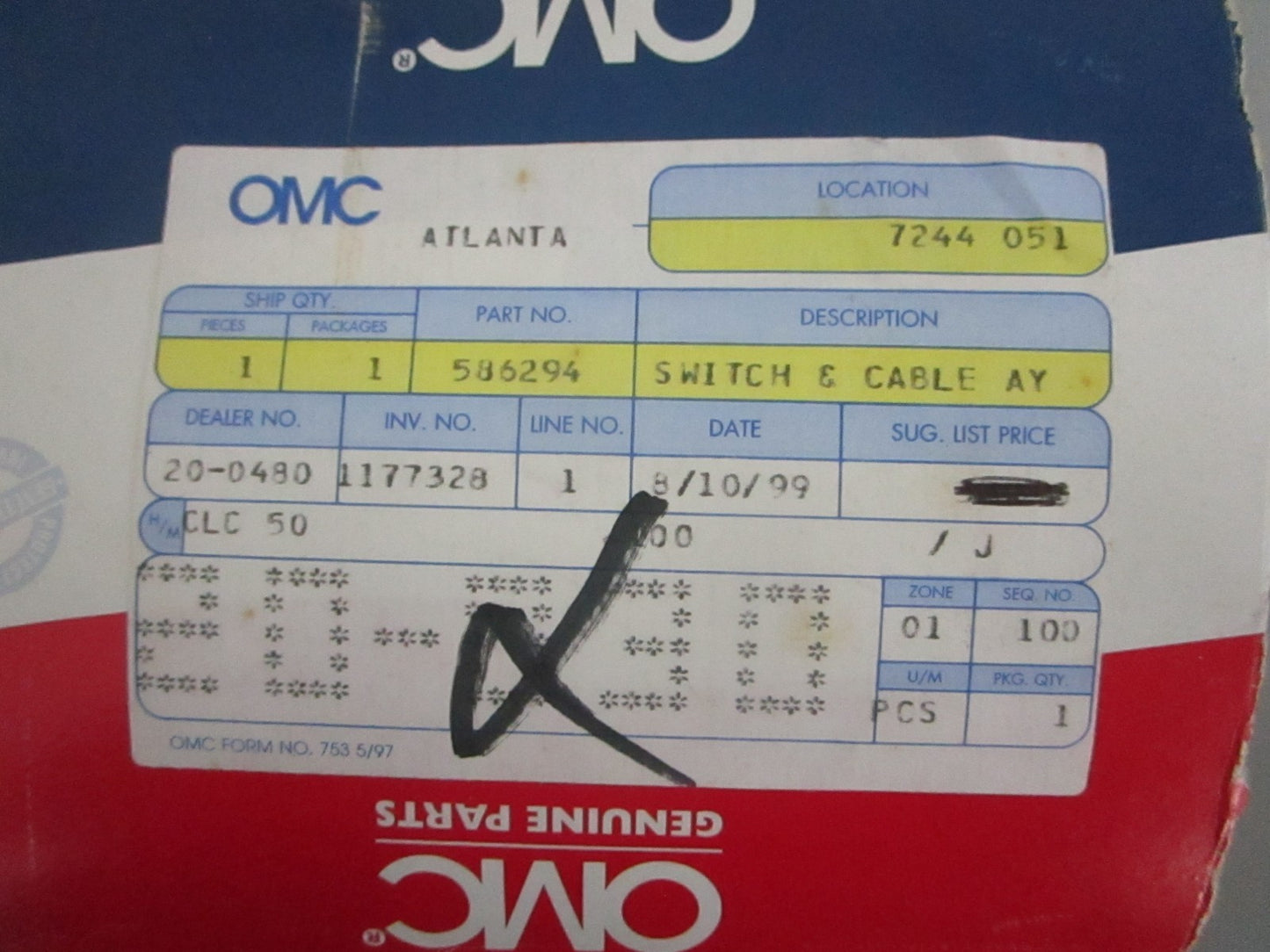 *NEW OEM* 0820 OMC Johnson Evinrude Switch & Cable Ay 586294 0586294
