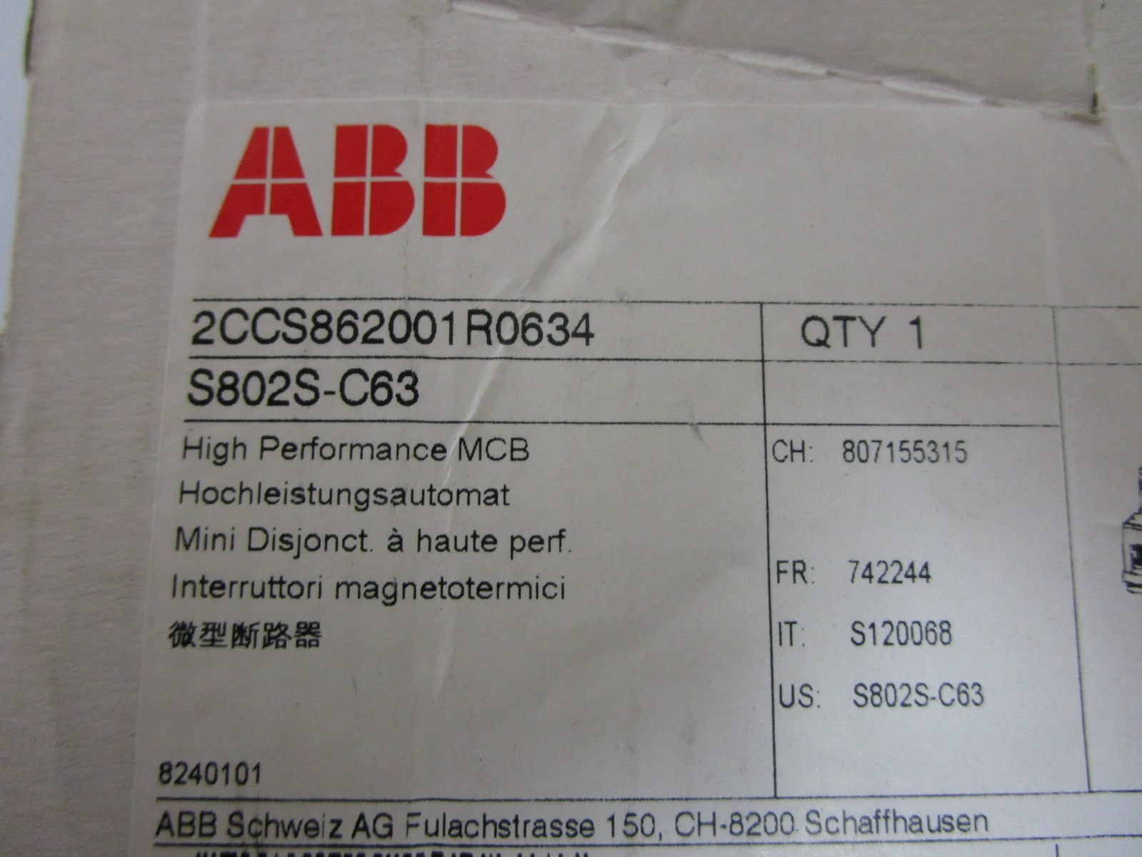*NEW* 0720 ABB High Performance MCB S802S-C63