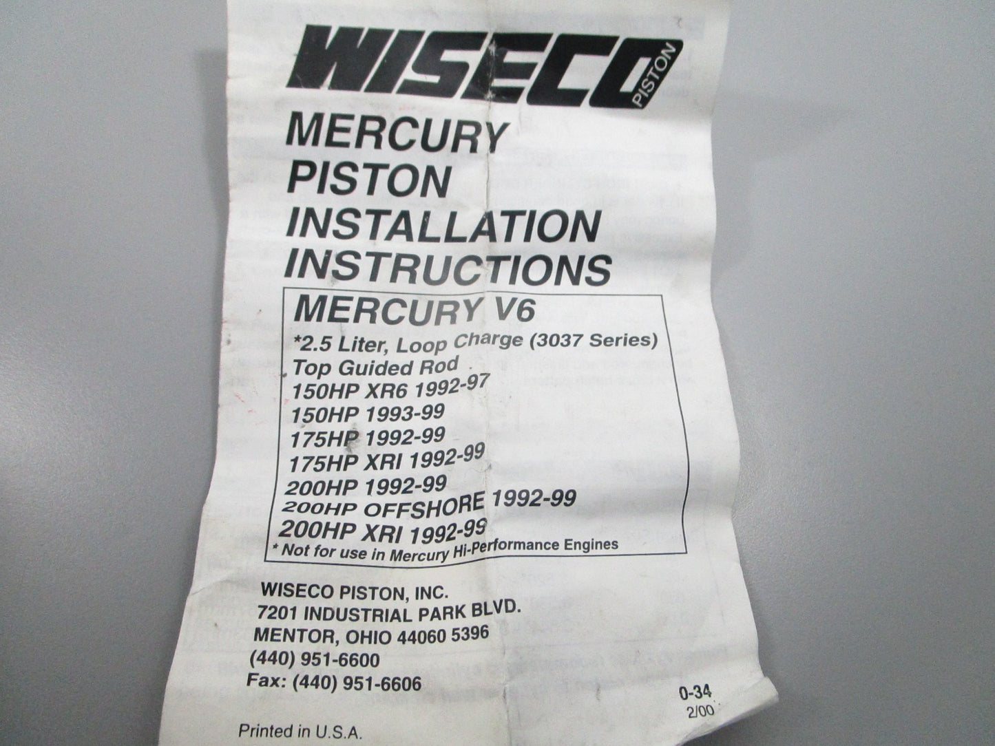 NEW 3037PS For: Mercury Wiseco Piston Kit 0810
