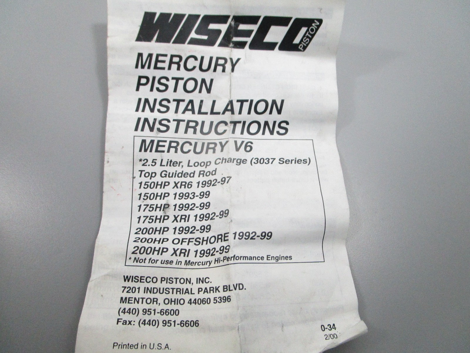 NEW 3037PS For: Mercury Wiseco Piston Kit 0810