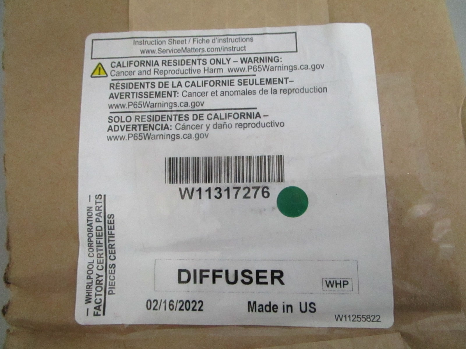 Whirlpool NEW OEM Diffuser W11317276 NOS Genuine Factory Part 0820