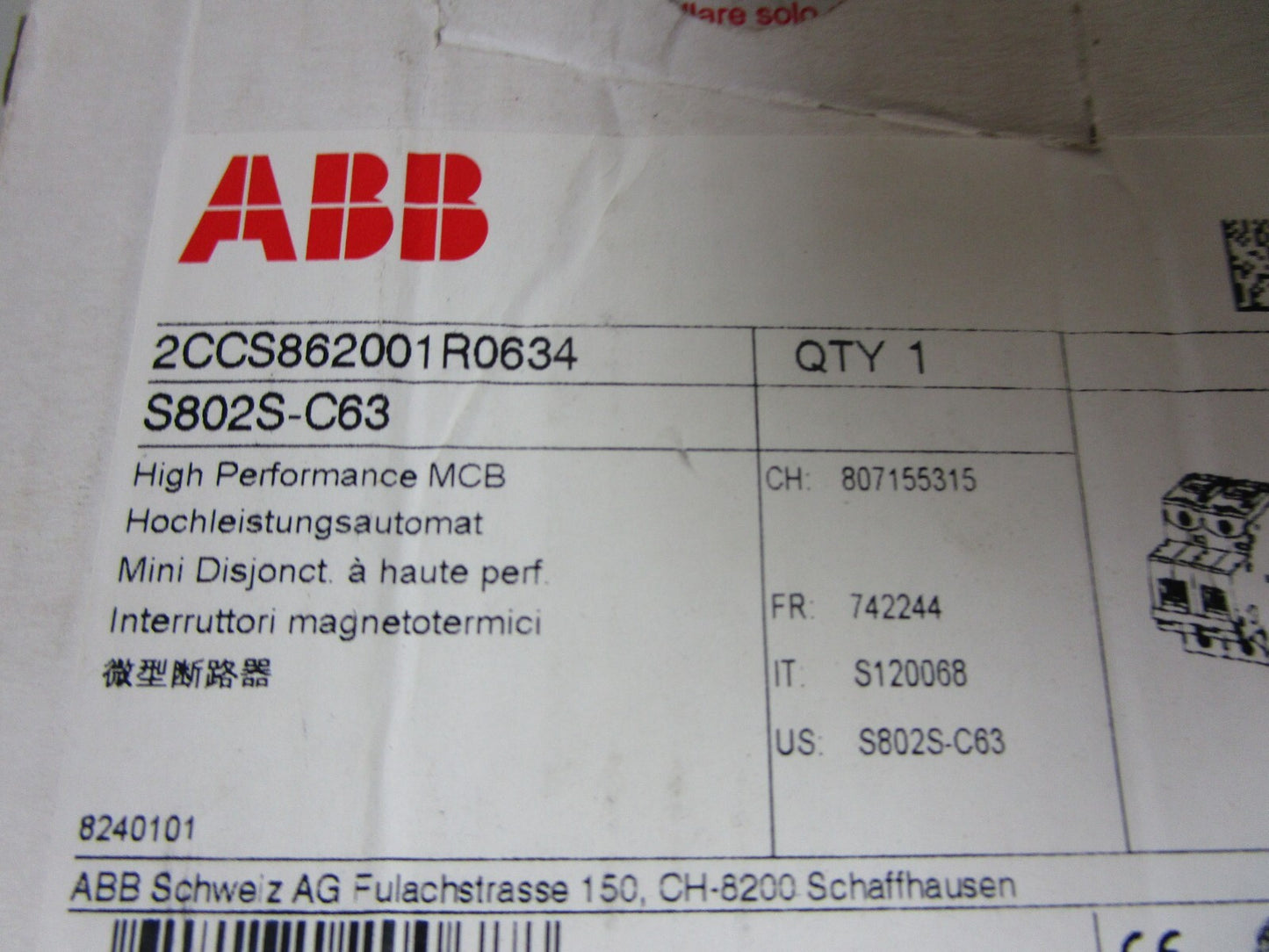 *NEW* 0720 ABB High Performance MCB S802S-C63