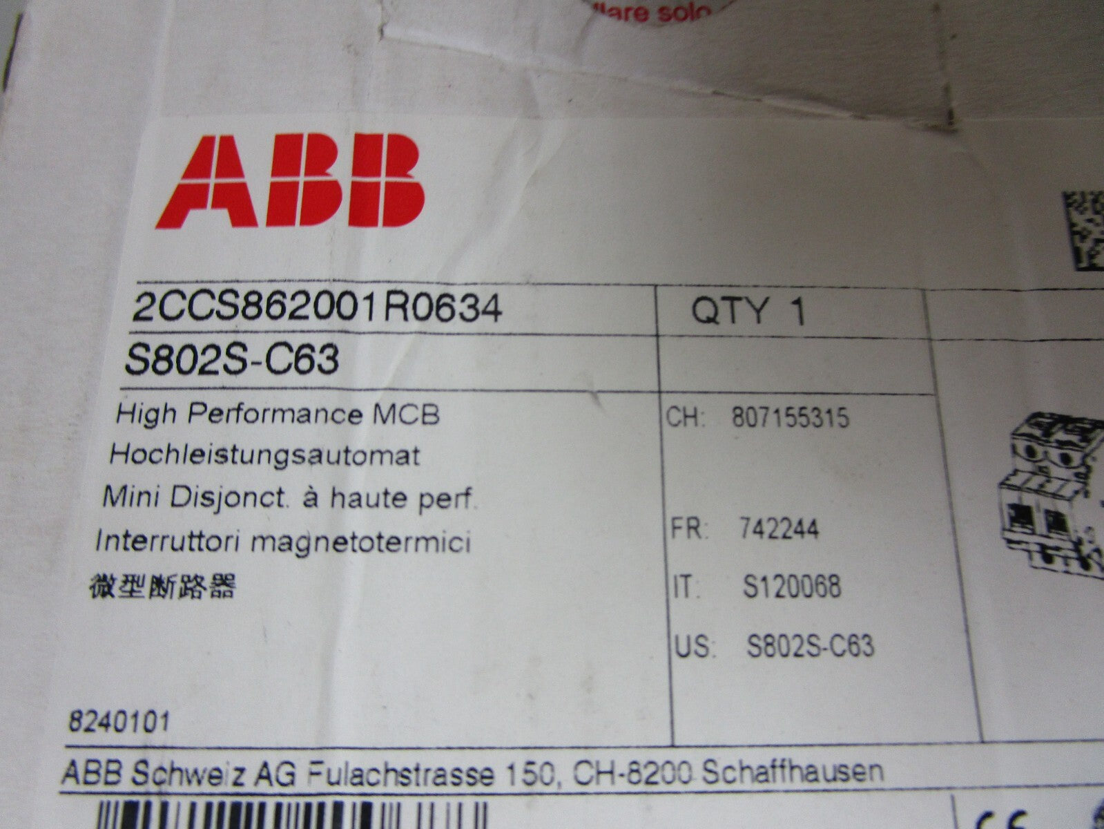 *NEW* 0720 ABB High Performance MCB S802S-C63