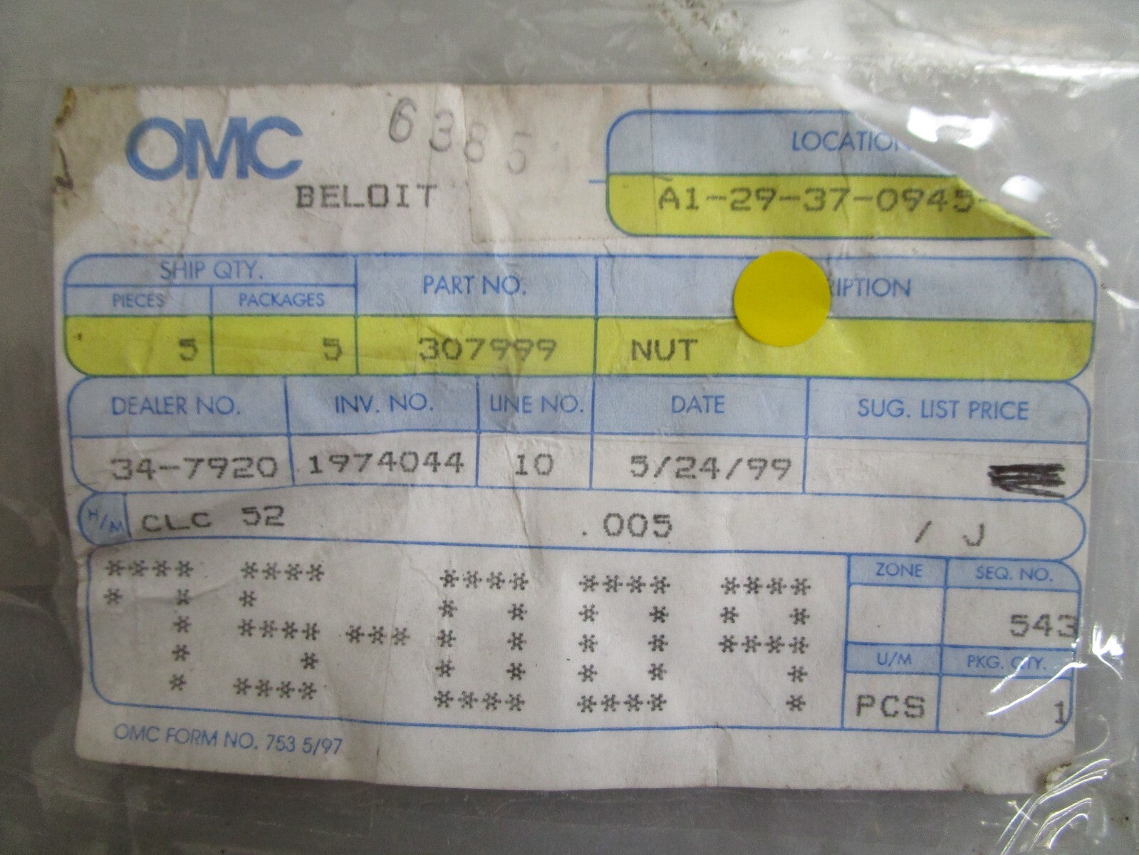 *NEW OEM* (LOT OF 4) 0810 OMC Johnson Evinrude Nut 307999 0307999