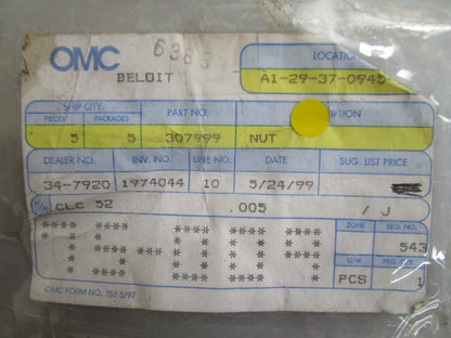 *NEW OEM* (LOT OF 4) 0810 OMC Johnson Evinrude Nut 307999 0307999