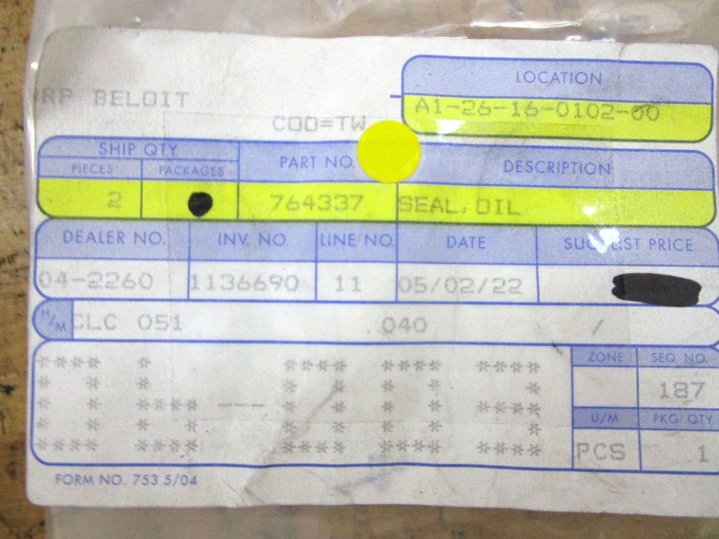 *NEW OEM* 0750 OMC Johnson Evinrude SEAL, OIL 764337 0764337