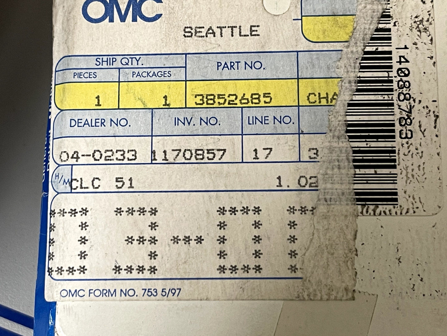 *NEW OEM* 0670 OMC Johnson Evinrude Timing Chain 3852685 03852685
