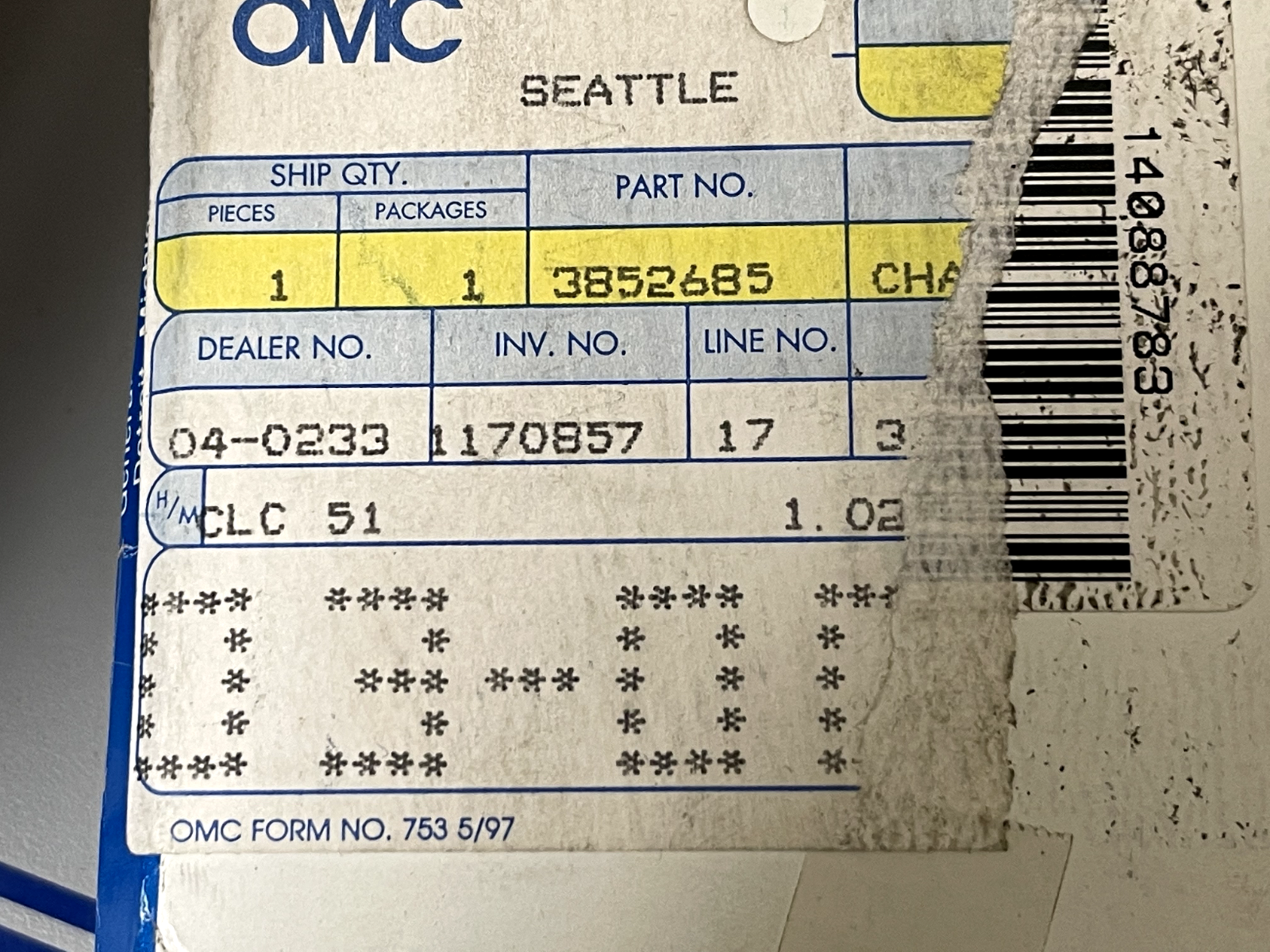 *NEW OEM* 0670 OMC Johnson Evinrude Timing Chain 3852685 03852685