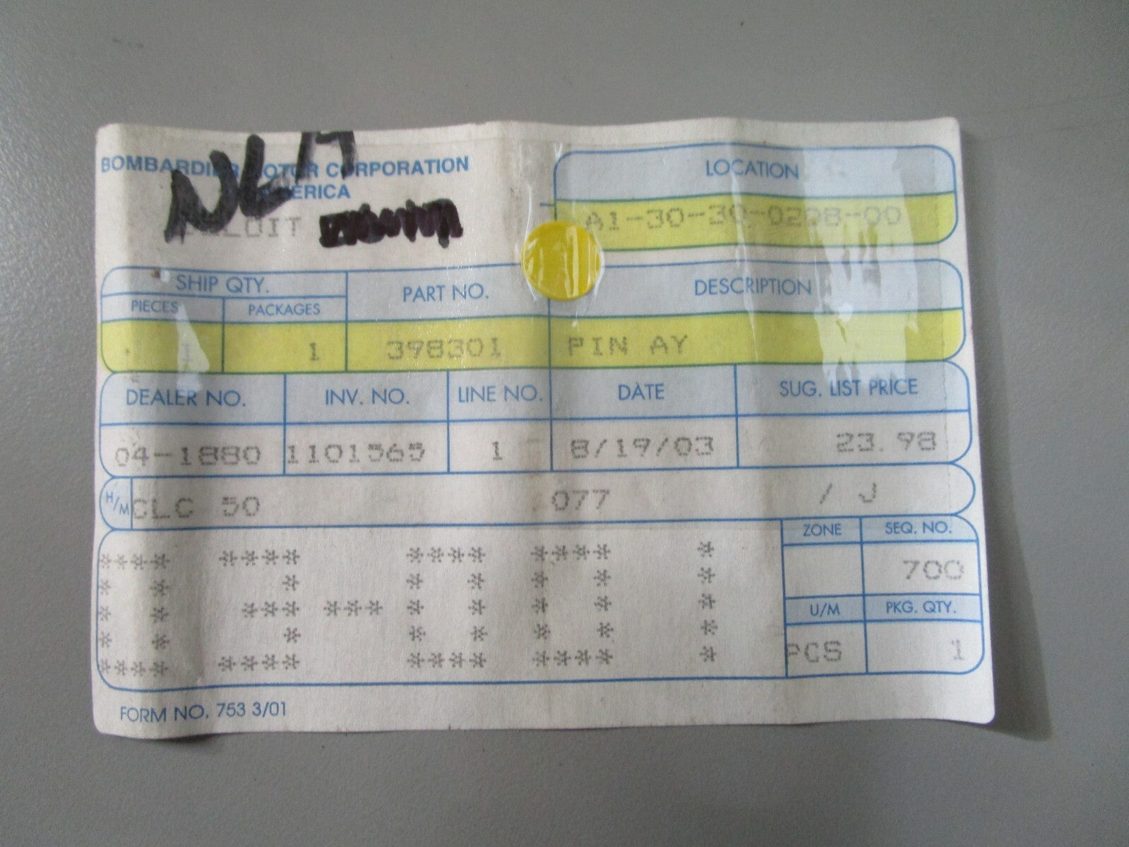 *NEW OEM* 0810 OMC Johnson Evinrude Pin Ay 398301 0398301