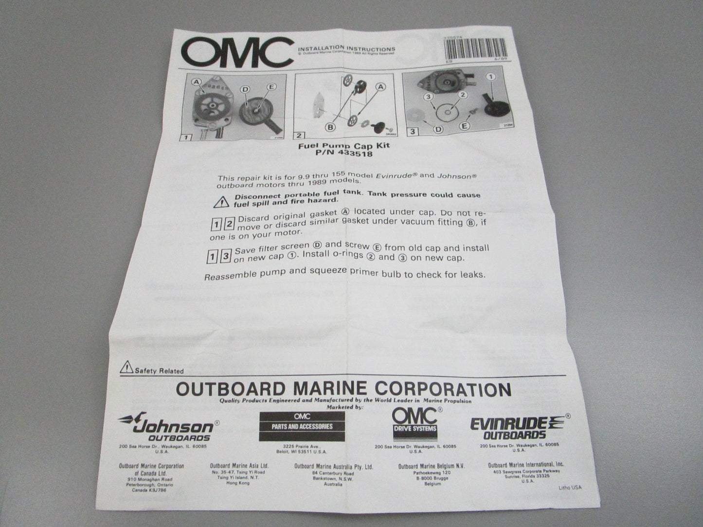 OMC Johnson Evinrude NEW OEM Fuel Pump Cap Kit 0433518 50HP 75HP 115HP NOS 0810