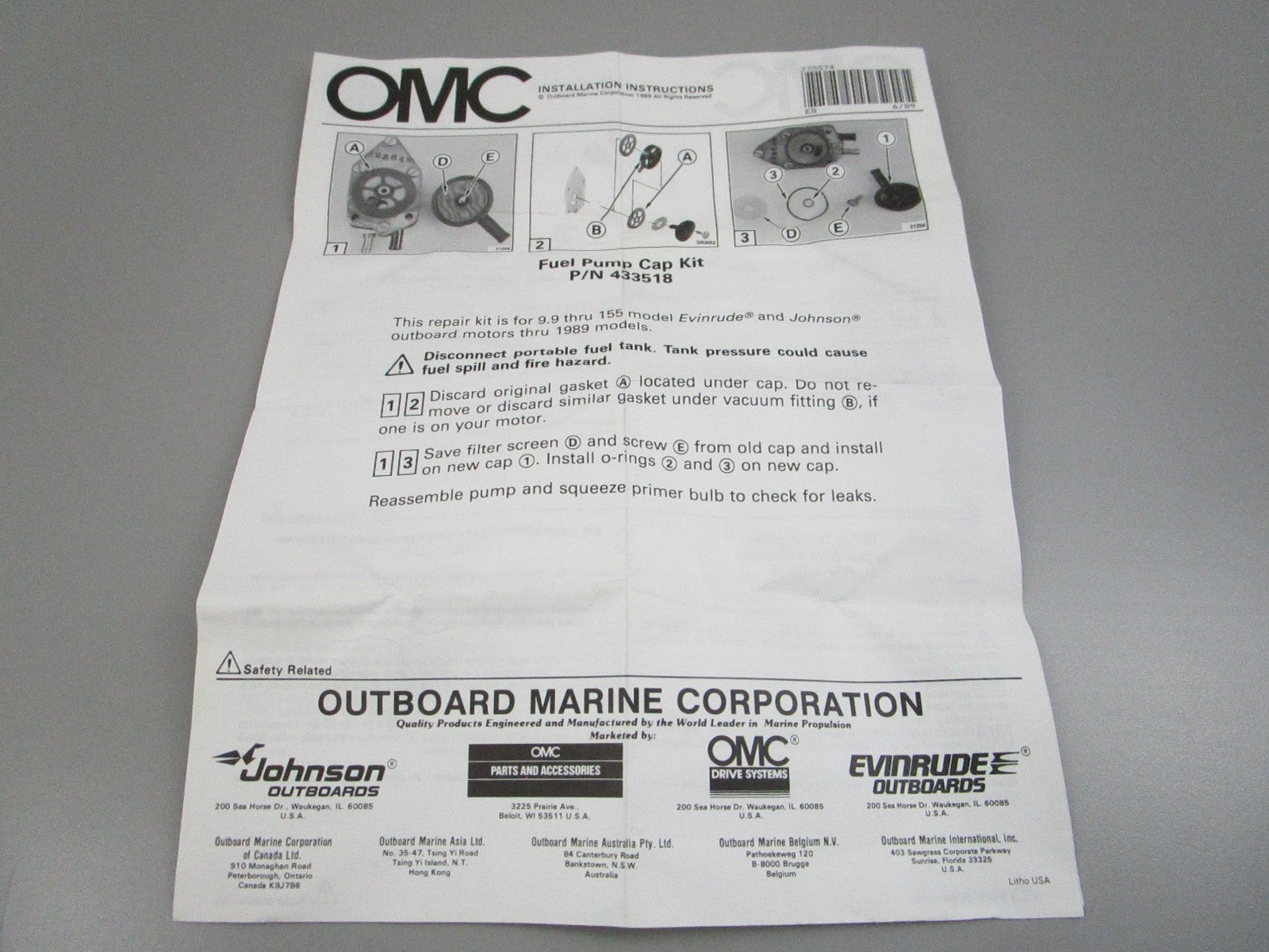 OMC Johnson Evinrude NEW OEM Fuel Pump Cap Kit 0433518 50HP 75HP 115HP NOS 0810