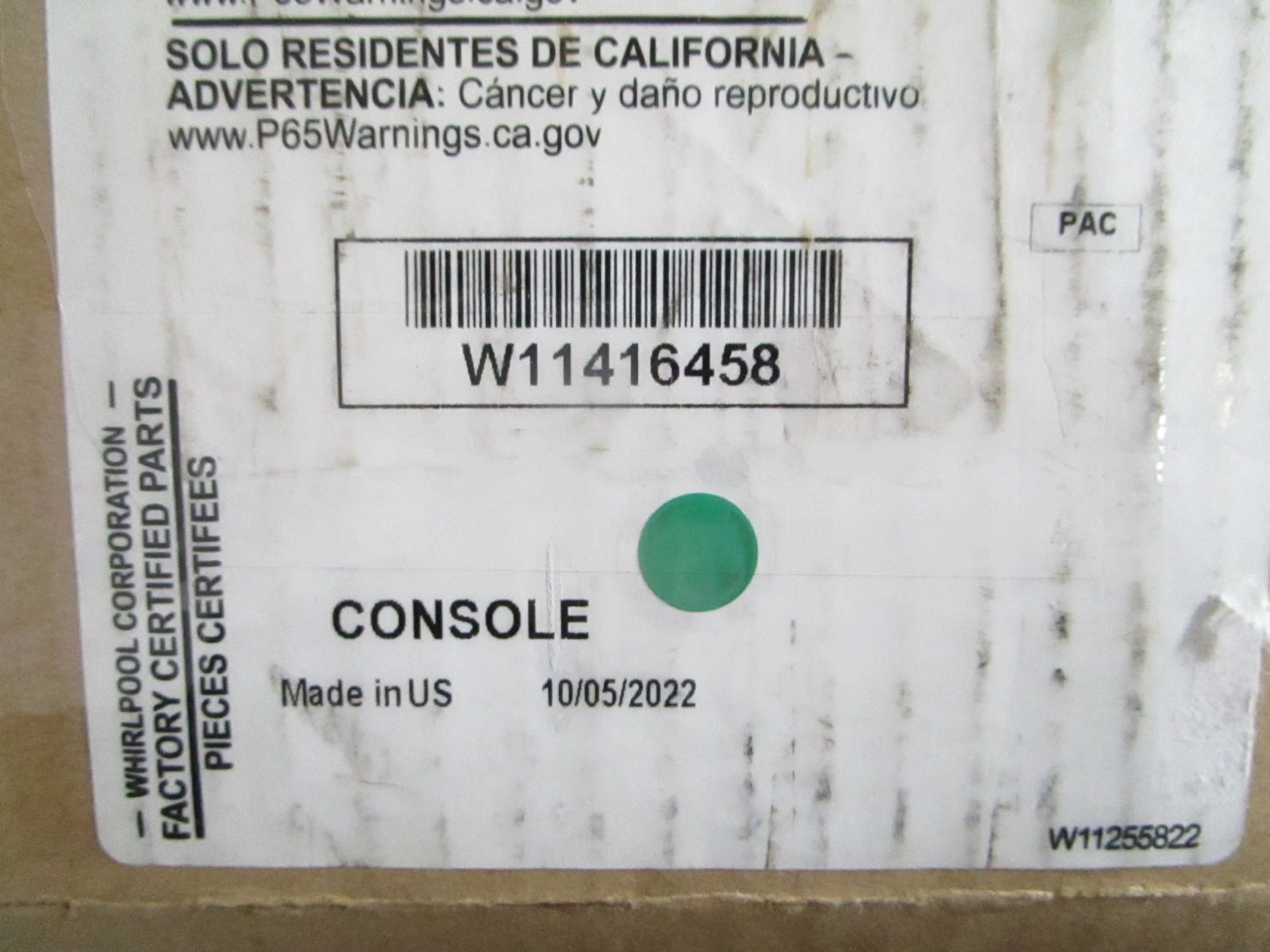 NEW OEM W11416458 Whirlpool Console 0820