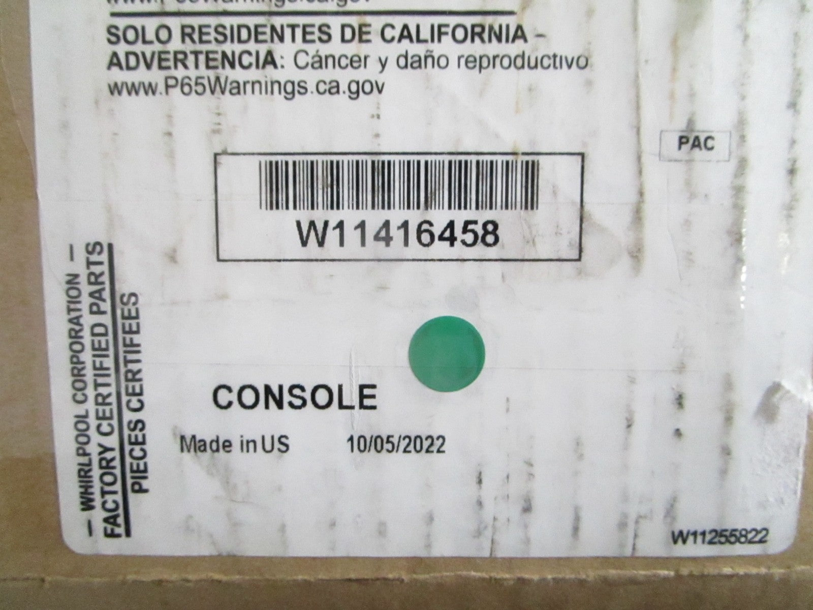 NEW OEM W11416458 Whirlpool Console 0820