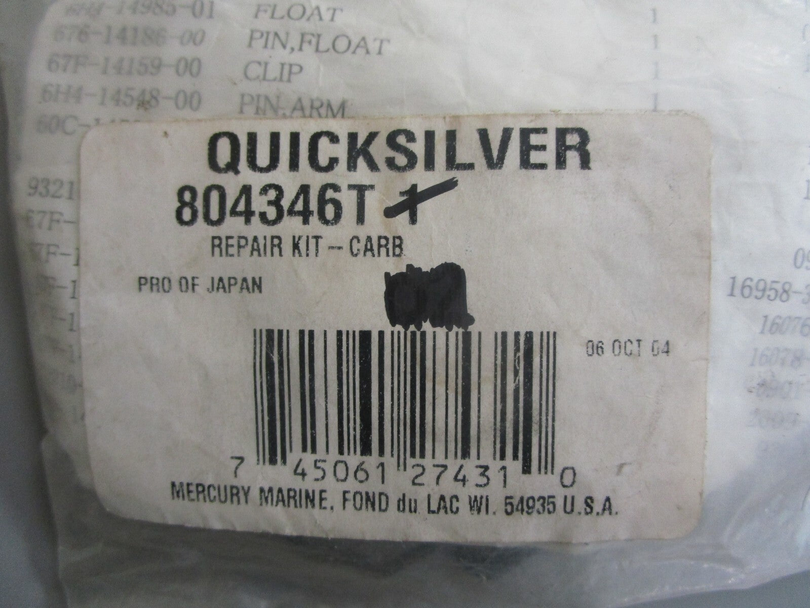 *NEW OEM* 0820 Mercury Quicksilver Carburetor Repair Kit 804346T1