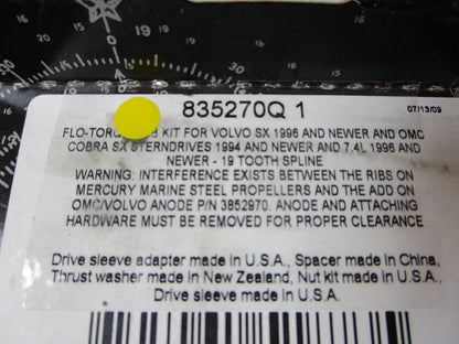 *NEW OEM* 0720 Mercury Quicksilver Flo-Torq Hub Assembly Kit 835270Q1