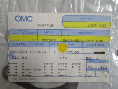 *NEW OEM* 0770 OMC Johnson Evinrude Shim-Seal 909502 0909502