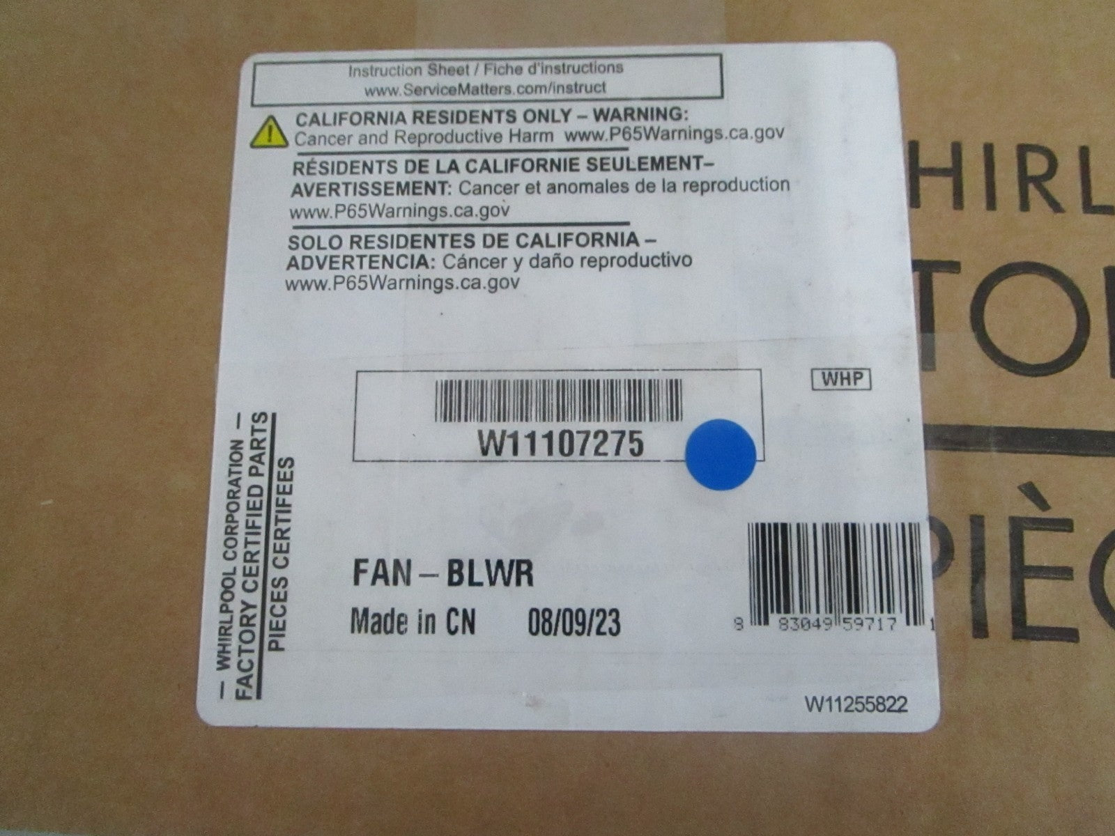 *NEW OEM* 0820 Whirlpool Blower Fan W11107275