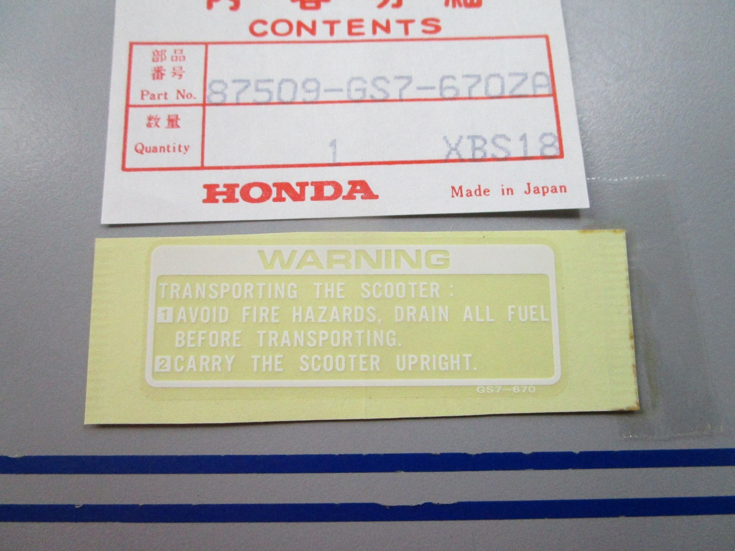 NEW OEM 87509-GS7-670ZA Honda Label 0810