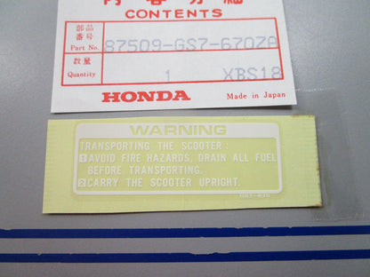 NEW OEM 87509-GS7-670ZA Honda Label 0810