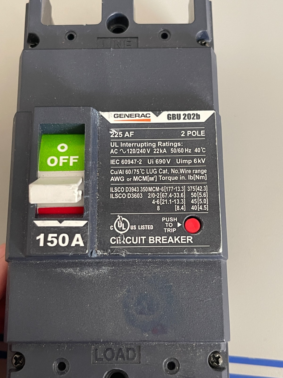 *NEW OEM* 0720 Generac 225AF 150AMP 120/240V 2 Pole Circuit Breaker GBU 202B