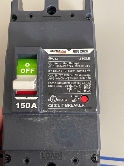 *NEW OEM* 0720 Generac 225AF 150AMP 120/240V 2 Pole Circuit Breaker GBU 202B