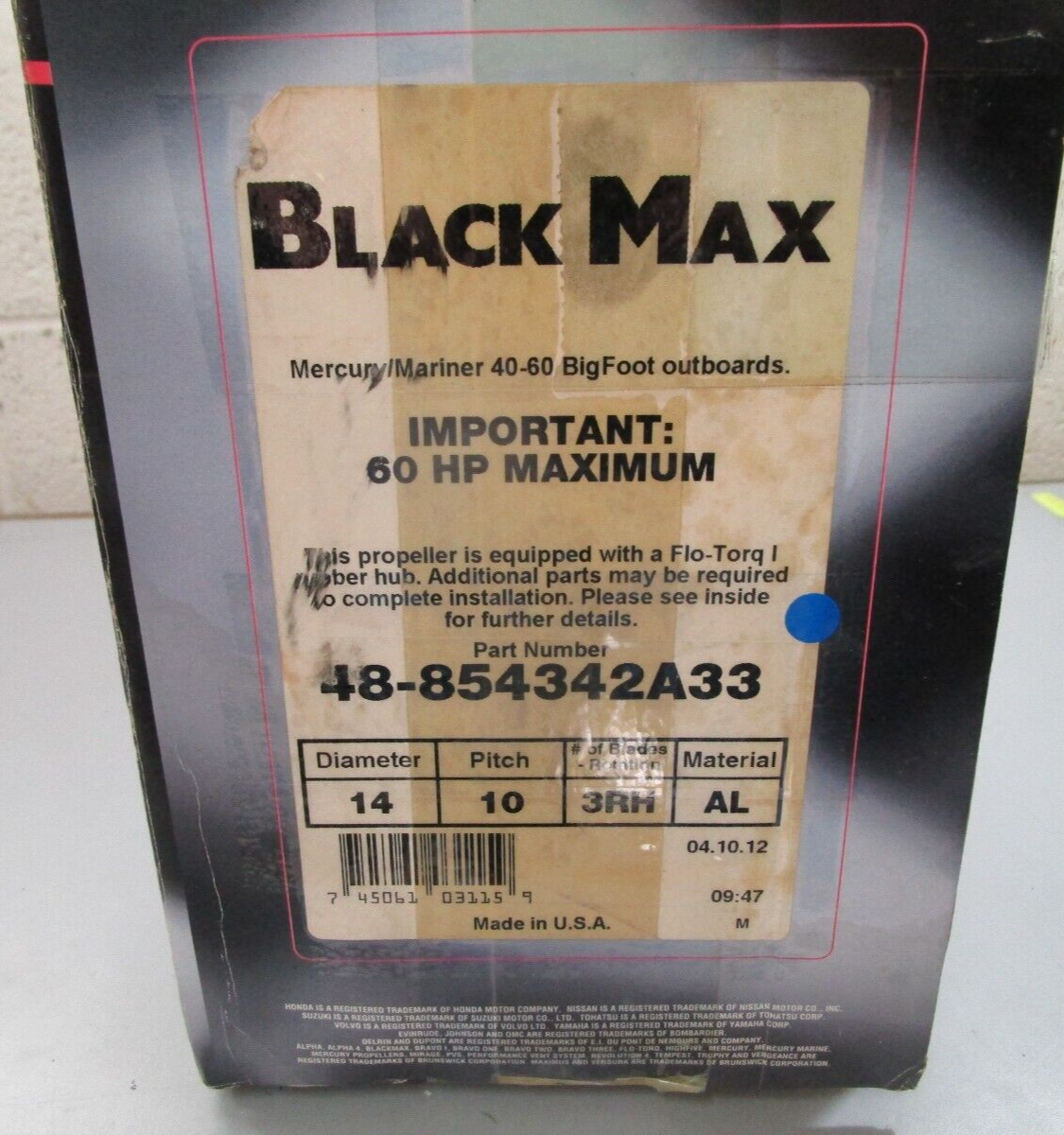 *NEW OEM* 0820 Mercury Black Max 14 × 10 Propeller 48-854342A33