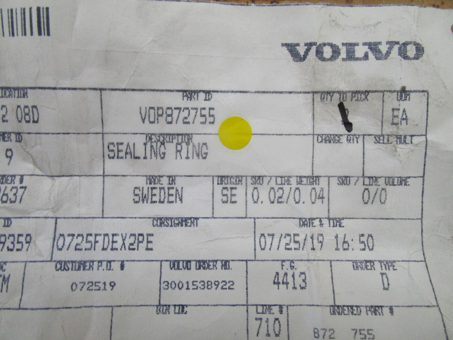 *NEW OEM* 0750 Volvo Penta SEALING RING 872755