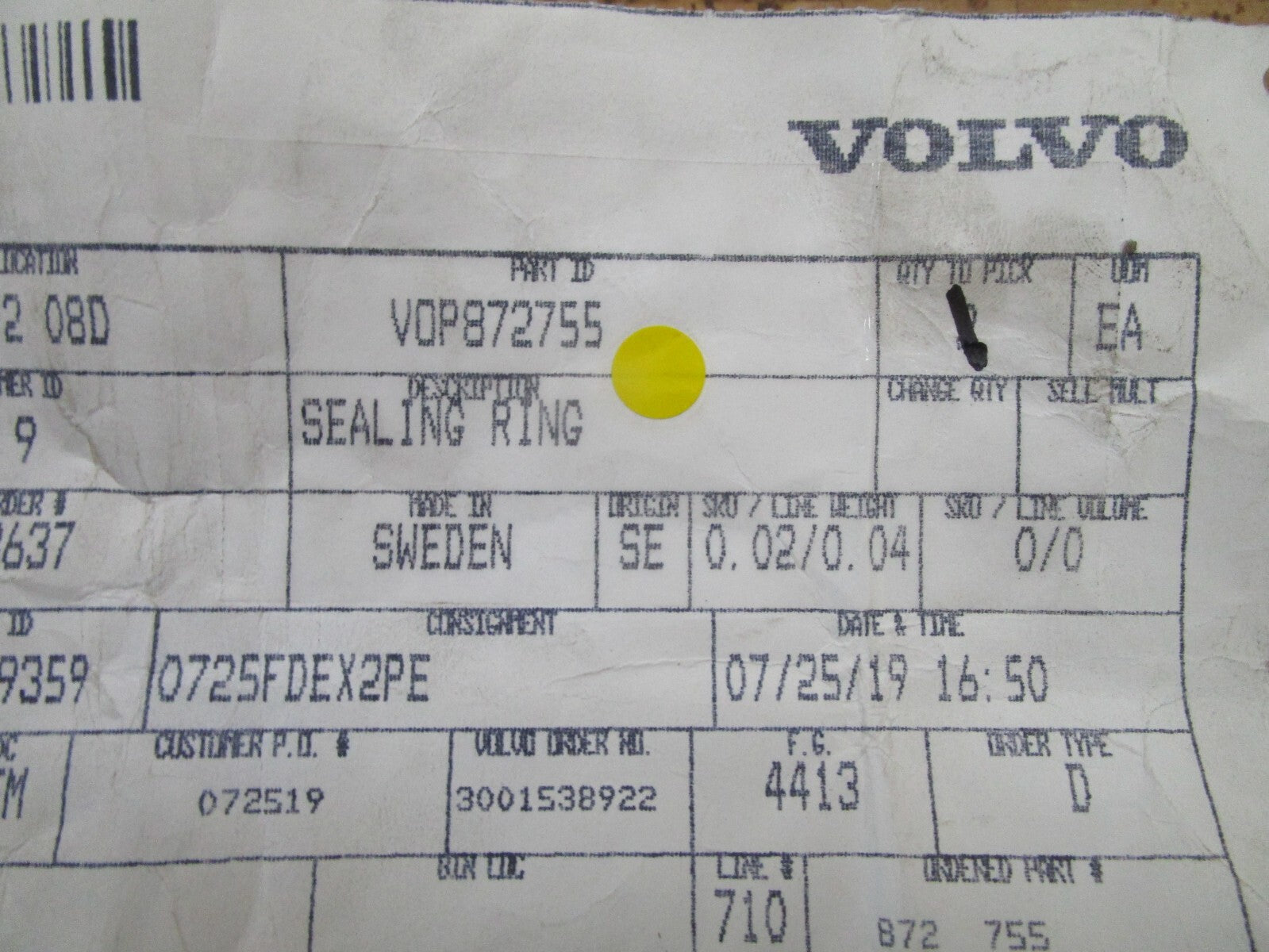 *NEW OEM* 0750 Volvo Penta SEALING RING 872755