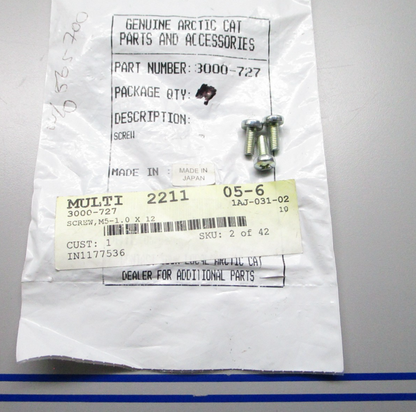 *NEW OEM* (LOT OF 3) 0720 Arctic Cat Screw 3000-727