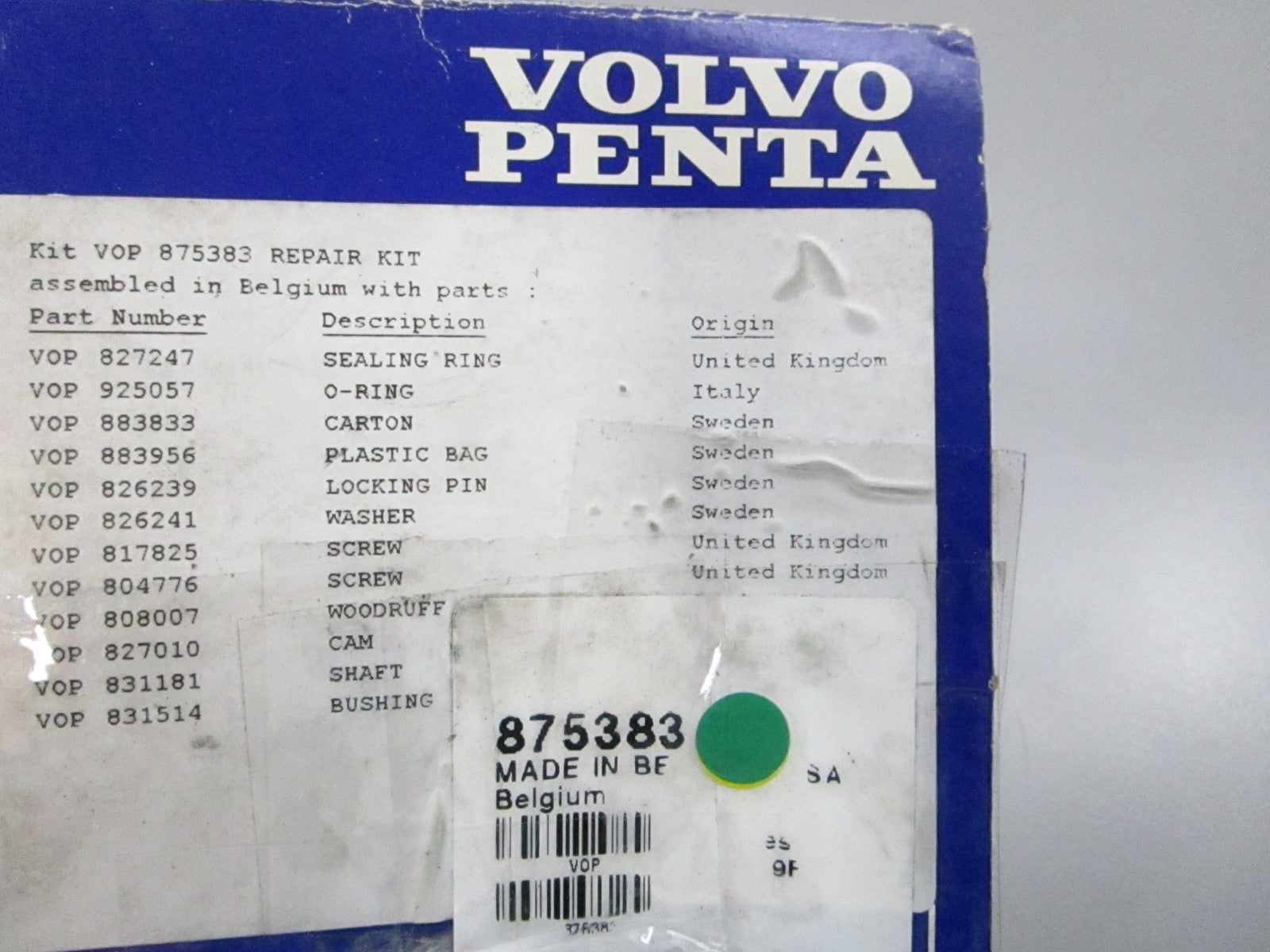 Volvo Penta NEW OEM Sea Water Pump Repair Kit 875383 AQ165 AQ170 MD21 NOS 0810