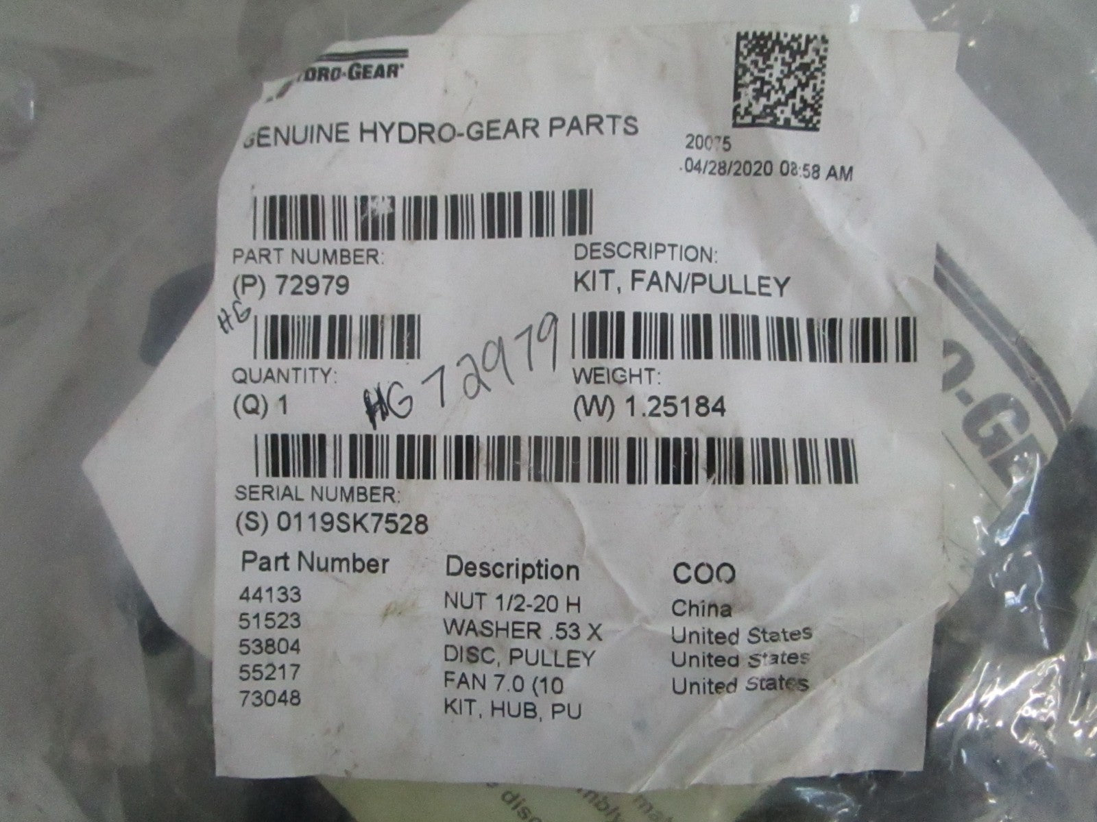 NEW OEM 72979 Hydro-Gear Fan & Pulley Kit 0820