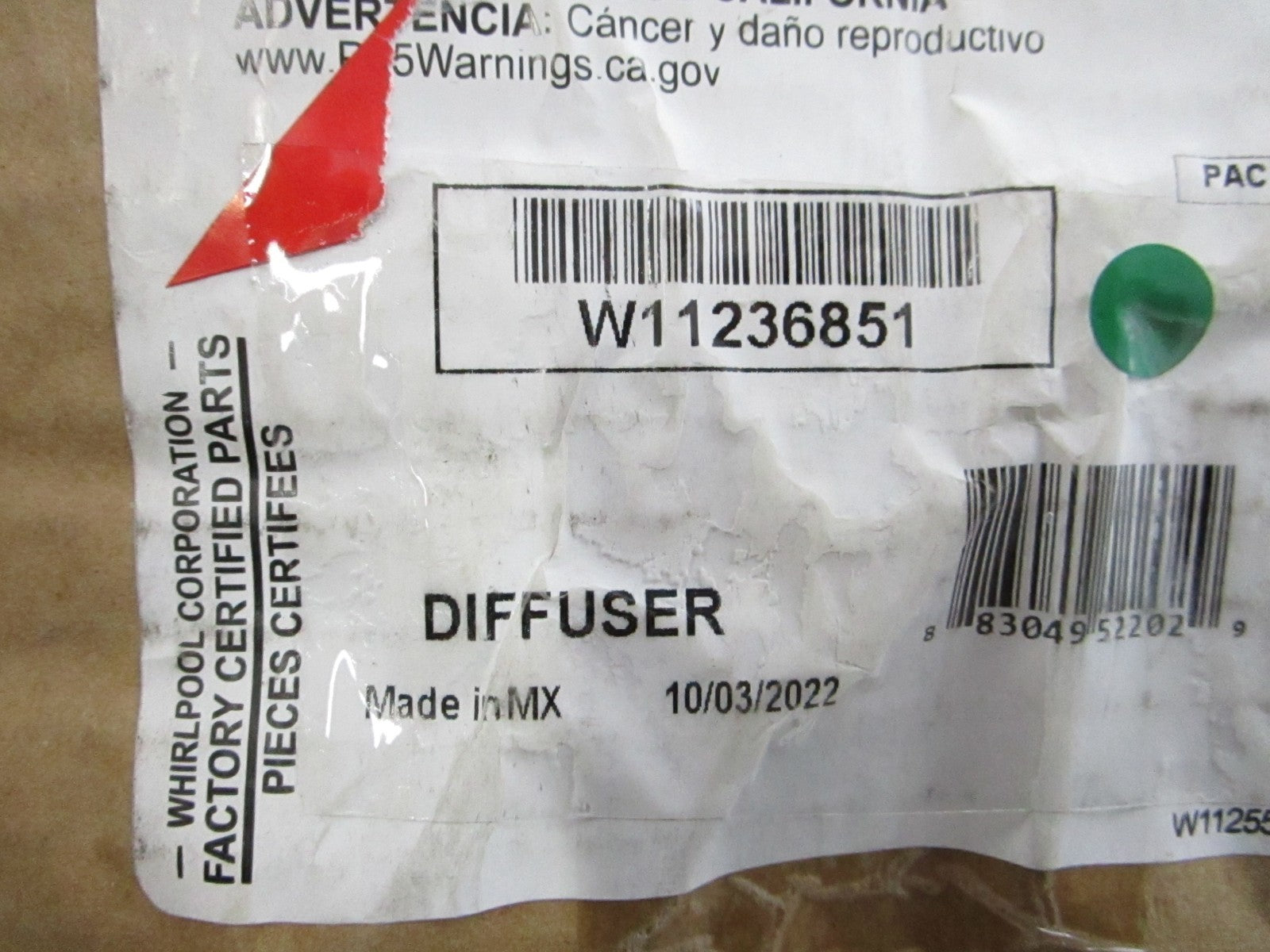 NEW OEM W11236851 Whirlpool Diffuser 0810