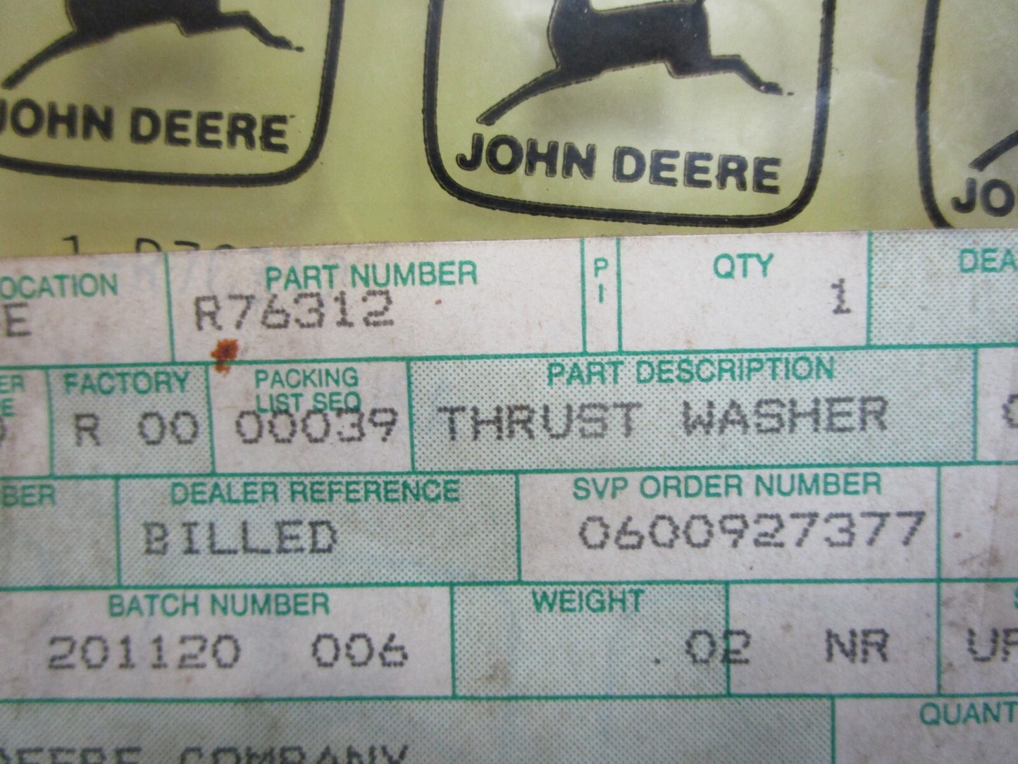 *NEW OEM* 0820 John Deere Thrust Washer R76312