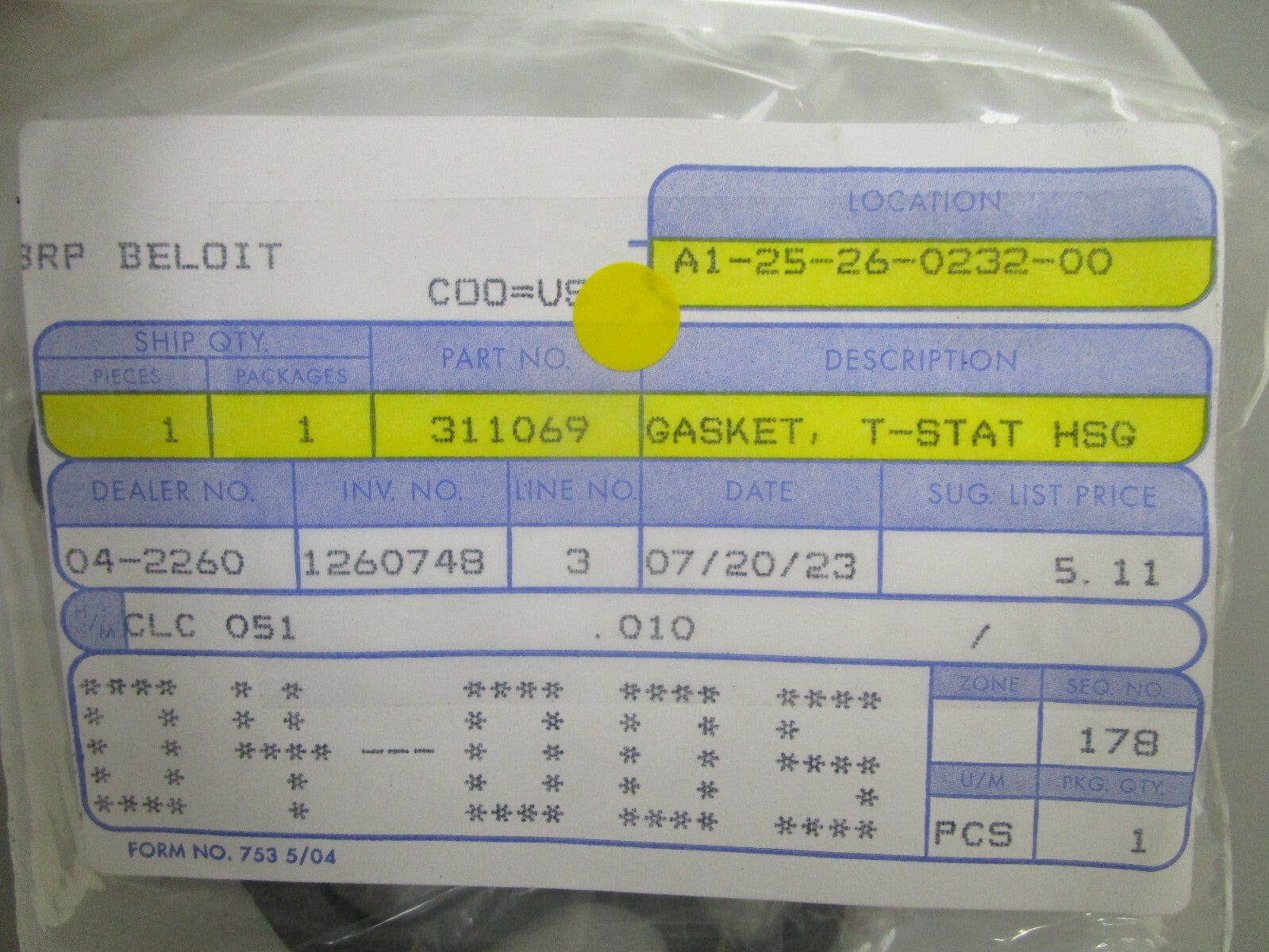 *NEW OEM* 0750 OMC Johnson Evinrude  GASKET, T-STAT HSG 311069 0311069