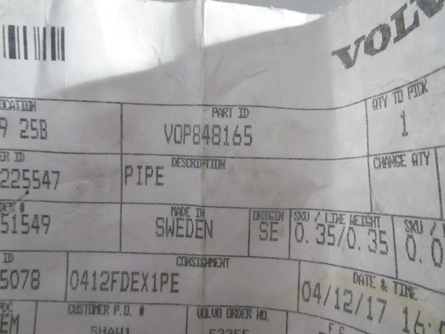 NEW OEM 848165 Volvo Penta Pipe 0820