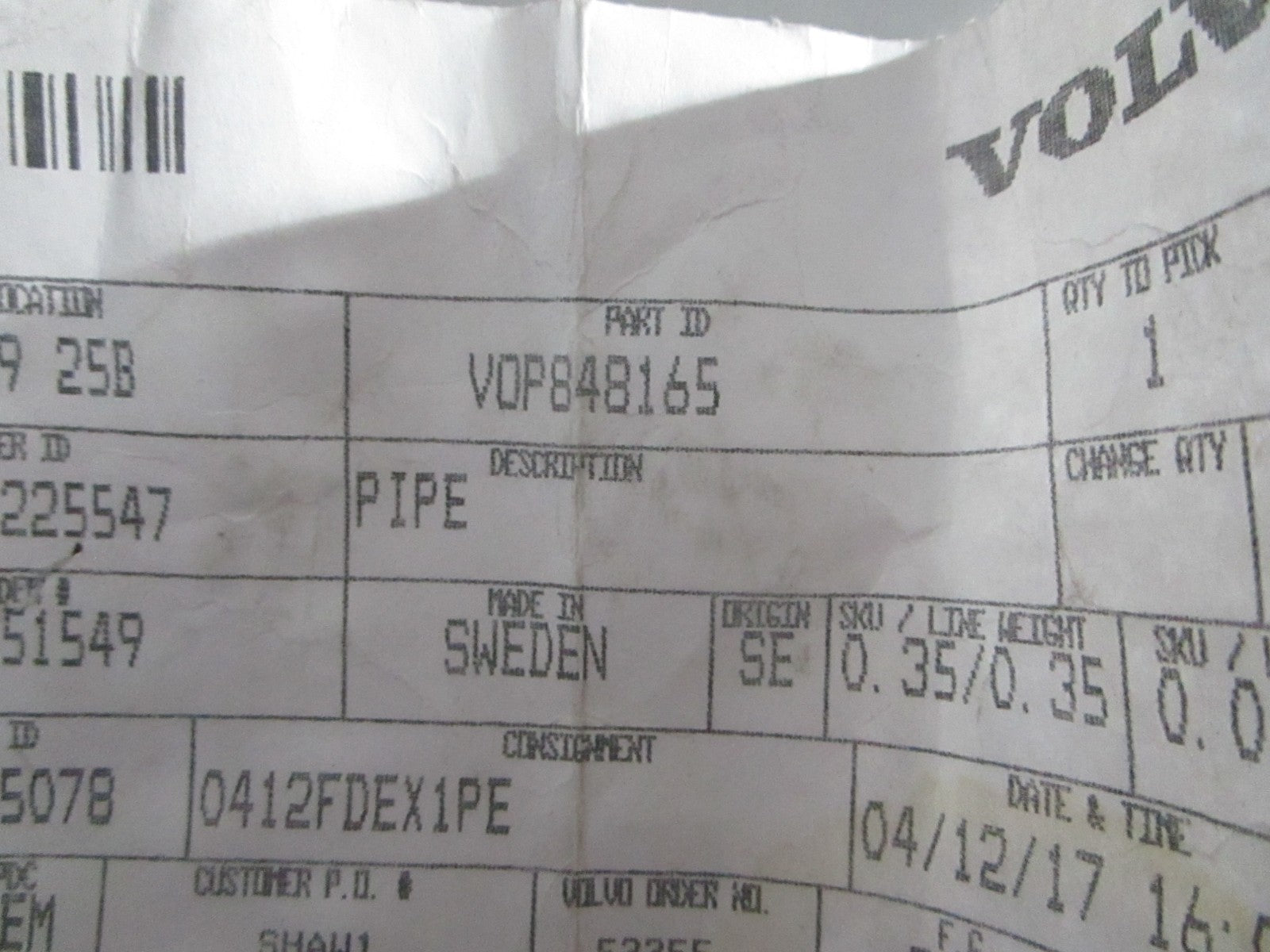 NEW OEM 848165 Volvo Penta Pipe 0820