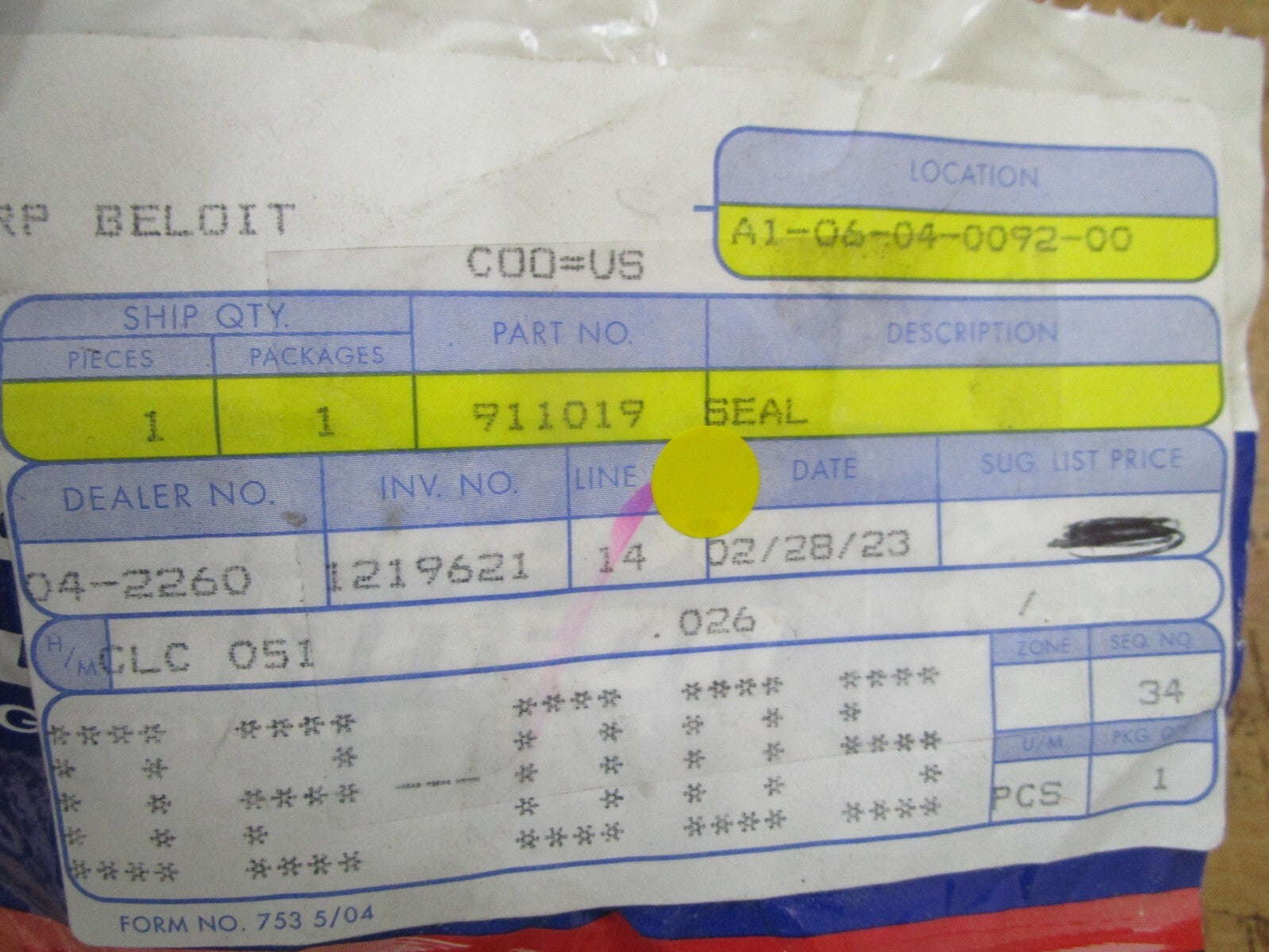 *NEW OEM* 0750 OMC Johnson Evinrude SEAL 911019 0911019