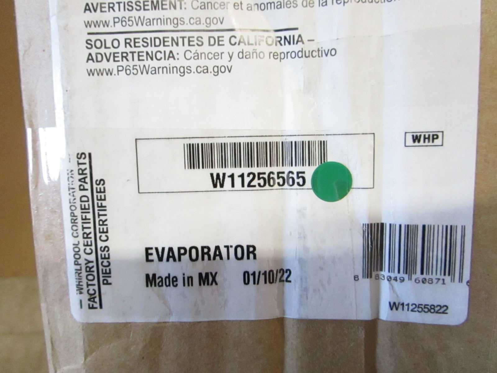 Whirlpool NEW OEM Refrigerator Evaporator W11256565 Genuine Part 0820