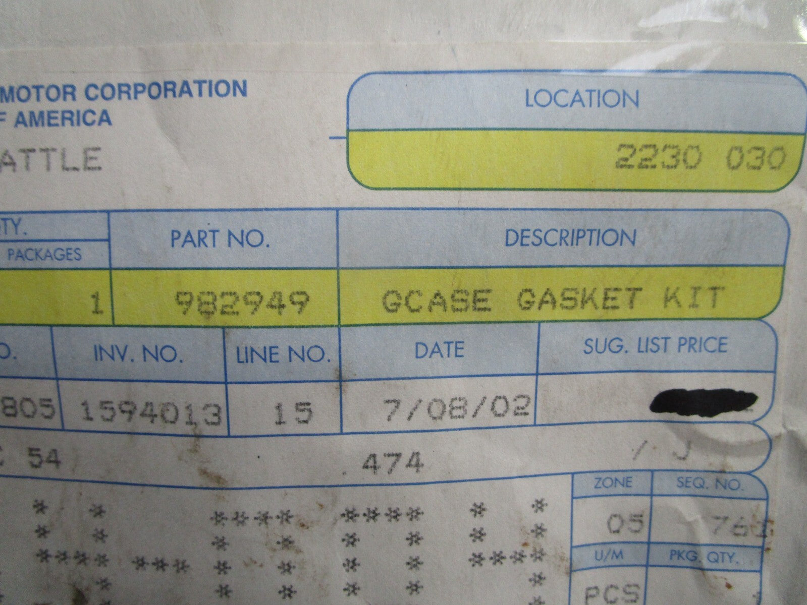 *NEW OEM* 0820 OMC Johnson Evinrude Gearcase Gasket Kit 982949 0982949