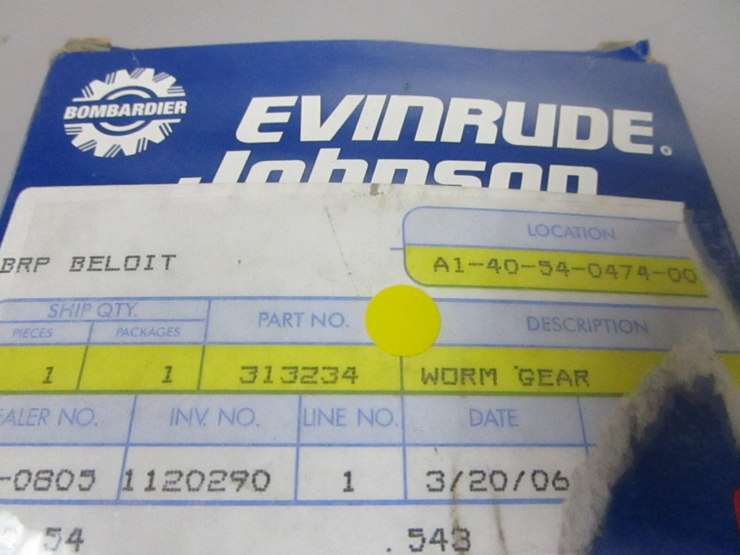 *NEW OEM* 0720 OMC Johnson Evinrude Worm Gear 313234 0313234