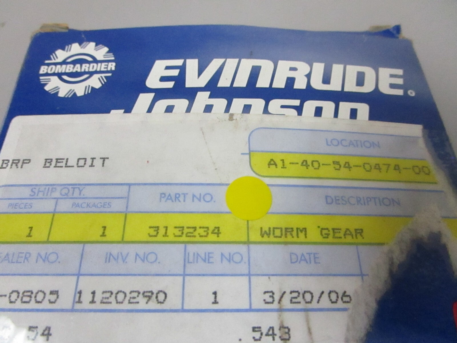 *NEW OEM* 0720 OMC Johnson Evinrude Worm Gear 313234 0313234