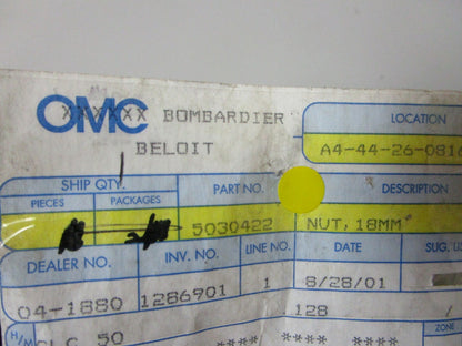 *NEW OEM* 0810 OMC Johnson Evinrude 18MM Nut 5030422