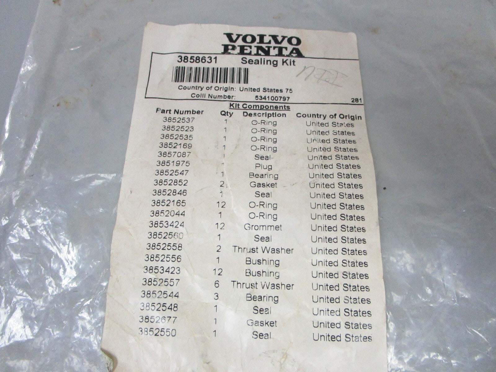 *NEW OEM* 0720 Volvo Penta Sealing Kit 3858631