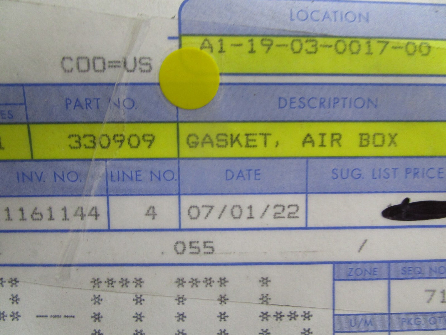 *NEW OEM* 0810 OMC Johnson Evinrude Air Box Gasket 330909 0330909